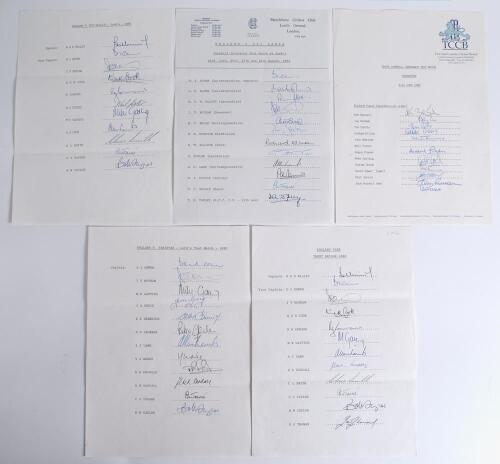 England home Test matches 1982-1989. Five official autograph sheets fully signed by the listed members of England Test teams. Matches are 2nd Test v Pakistan, Lord&rsquo;s 1982 (incorrectly titled &lsquo;1983&rsquo;, 12 signatures), 3rd Test v New Zealand, Lord&rsquo;s 1983 (11)
