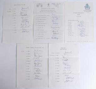 England home Test matches 1982-1989. Five official autograph sheets fully signed by the listed members of England Test teams. Matches are 2nd Test v Pakistan, Lord&rsquo;s 1982 (incorrectly titled &lsquo;1983&rsquo;, 12 signatures), 3rd Test v New Zealand, Lord&rsquo;s 1983 (11)