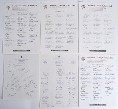Kent and Somerset county autograph sheets 1980-1993. Six official autograph sheets including two for Kent on official Club letterhead. One undated for 1980 signed by sixteen players, the other dated 1985 with printed players&rsquo; names, signed by twenty three
