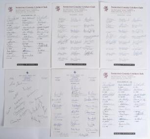 Kent and Somerset county autograph sheets 1980-1993. Six official autograph sheets including two for Kent on official Club letterhead. One undated for 1980 signed by sixteen players, the other dated 1985 with printed players&rsquo; names, signed by twenty three