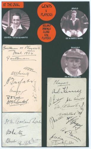 Gentlemen v Players, The Oval 1934. Three album pages nicely signed in ink by all twenty two players for the match played at The Oval, 11th- 13th July 1934, each loose mounted to black page. Gentlemen&rsquo;s signatures are Case, Baring, Fairfax, Lord Tennyson,