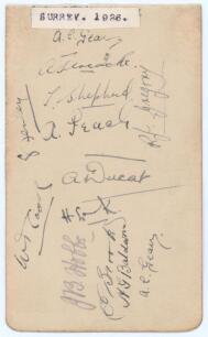 Surrey C.C.C. 1926. Small album page nicely signed in ink (one in pencil) by twelve members of the Surrey team. Signatures are Geary (signed twice), Jeacock, Shepherd, Peach, Fenley, Gregory, Ducat, Cook, Lock(?), Brooks, Baldwin, and Hobbs (signed in pen