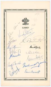 Surrey C.C.C. 1968. Large autograph sheet, with printed title and decorative border, signed by the team. Fourteen signatures in ink including Barrington, Stewart, Pocock, Roope, Arnold, Edrich, Mohammad Younis, Marriott etc. Horizontal fold, light creasin