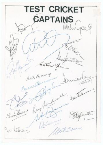 &lsquo;Test Cricket Captains&rsquo;. Page with printed title, signed by twenty one Test captains. Signatures are Haynes, Gatting, Reid, Gooch, Fletcher, Howarth, Greenidge, Morris, Harvey, Jarman, Venkataraghavan, Mushtaq Mohammad, Hughes, Goddard, Lindwall, Emburey,
