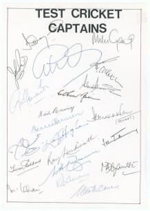 &lsquo;Test Cricket Captains&rsquo;. Page with printed title, signed by twenty one Test captains. Signatures are Haynes, Gatting, Reid, Gooch, Fletcher, Howarth, Greenidge, Morris, Harvey, Jarman, Venkataraghavan, Mushtaq Mohammad, Hughes, Goddard, Lindwall, Emburey,