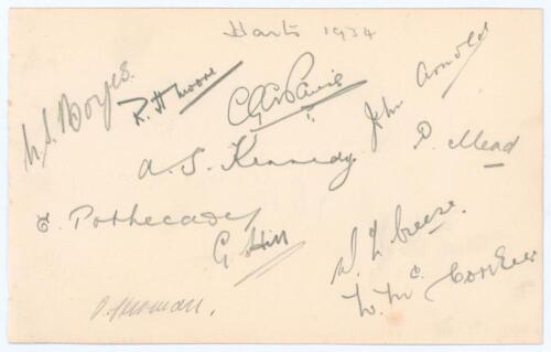 Hampshire C.C.C. 1934. Album page very nicely signed in pencil by eleven members of the 1934 Hampshire team. Signatures are Boyes, Moore, Paris, Arnold, Kennedy, Mead, Pothecary, Hill, Creese, Herman and McCorkell. Very good condition.