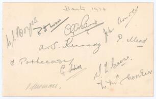 Hampshire C.C.C. 1934. Album page very nicely signed in pencil by eleven members of the 1934 Hampshire team. Signatures are Boyes, Moore, Paris, Arnold, Kennedy, Mead, Pothecary, Hill, Creese, Herman and McCorkell. Very good condition.