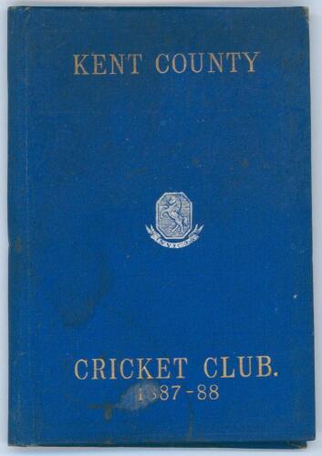 Kent County Cricket Club Annual 1887-1888. Hardback &lsquo;blue book&rsquo;. Original decorative boards. Gilt titles with silver gilt Kent emblem to centre. Printed by J. Burgiss-Brown, Maidstone 1888. Some light wear, age toning and odd mark otherwise in good/very g