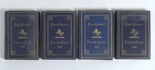 Kent County Cricket Club Annual 1905 to 1908. Four editions of the hardback &lsquo;blue book&rsquo;, all printed by Cross & Jackman, Canterbury. Original decorative boards, gilt to page edges. Gilt titles and Kent emblem in gilt to centre. Light fading to the spines 