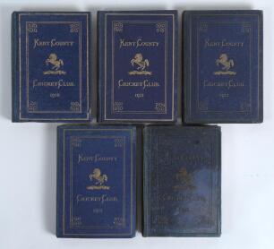 Kent County Cricket Club Annual 1910 to 1913 and 1915. Five editions of the hardback &lsquo;blue book&rsquo;, all printed by Cross & Jackman, Canterbury, The Kentish Gazette Office, Asford and Gibbs and Sons, Canterbury. Original decorative boards, gilt to page edges