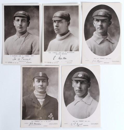 &lsquo;The Force. Bat Series&rsquo; postcards. Five real photograph sepia postcards issued by Summers Brown, London c.1911, of players depicted head and shoulders wearing cricket attire and caps, printed titles and facsimile signatures to lower margins. Players are F