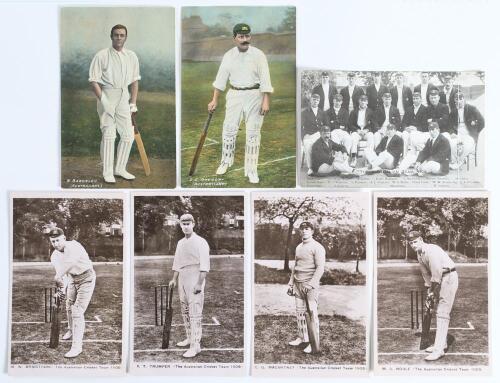 Australia tour to England 1909. Four original sepia real photograph postcards of members of the Australian touring party. Each player is depicted standing full length in batting attire at the wicket with player&rsquo;s name and &lsquo;The Australian Cricket Team 1909