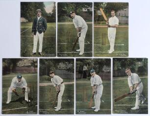 England Test cricketers c.1909. Seven original colour postcards of England players depicted full length in cricket attire. Includes four &lsquo;National Series&rsquo; No. 773 of A. Lilley, G.[sic] Hobbs, G. Hirst and G.L. Jessop, and three Series No. 828 of A.C. Macl