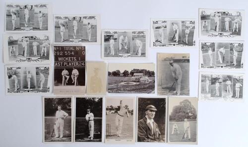 Cricket postcards, photographs early 1900s. A selection of original postcards, photographs, printed supplements etc. Real photograph postcards include &lsquo;Razor&rsquo; Smith in bowling pose by Woodland-Fullwood, D. Denton in batting pose, B.H. Spooner at the wicke