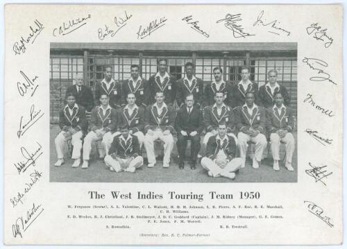 &lsquo;The West Indies Touring Team [to England] 1950&rsquo;. Official mono printed photograph of the team with printed title players&rsquo; names and facsimile signatures to borders. Signed in ink to verso by twelve members of the touring party. Signatures are Weekes, Chr