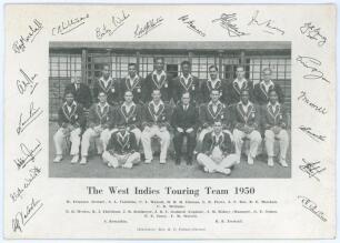 &lsquo;The West Indies Touring Team [to England] 1950&rsquo;. Official mono printed photograph of the team with printed title players&rsquo; names and facsimile signatures to borders. Signed in ink to verso by twelve members of the touring party. Signatures are Weekes, Chr