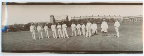 Arthur Conan Doyle. Brighton College v M.C.C. 1908. Original mono panoramic photograph of the M.C.C. team standing in one row wearing cricket attire on the pitch at Brighton College Ground, Brighton, for the match played 18th June 1908. The players&rsquo; names