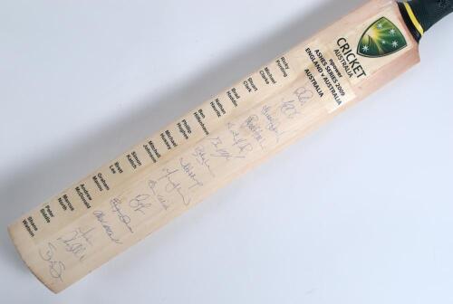 The Ashes 2009. Full size Duncan Fearnley &lsquo;Cricket Australia&rsquo; bat for the &lsquo;npower Ashes Series 2009 England v Australia&rsquo;. Printed title and players&rsquo; name labels to face, nicely signed in ink by all sixteen listed members of the Australian touring party. S