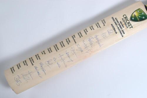 The Ashes 2009. Full size Duncan Fearnley &lsquo;Cricket Australia&rsquo; bat for the &lsquo;npower Ashes Series 2009 England v Australia&rsquo;. Printed title and players&rsquo; name labels to face, nicely signed in ink by all sixteen listed members of the Australian touring party. S