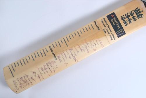South Africa Women&rsquo;s tour to England 2008. Full size Duncan Fearnley bat with printed title and players&rsquo; name labels for the England and South Africa teams. Fully signed in ink by the fifteen listed England players and fourteen South Africans. England sig