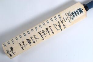 England &lsquo;NatWest Women&rsquo;s Series 2012&rsquo;. Full size &lsquo;England Cricket&rsquo; bat with printed title and players&rsquo; name labels for the England team. Signed in thick black ink by fourteen of the listed England players. Signatures are Edwards (Captain), Beaumont, Brunt