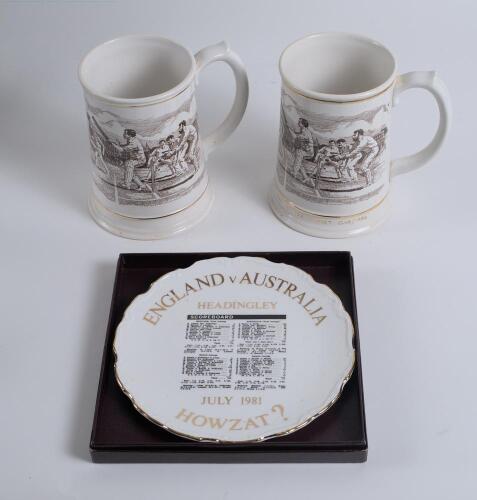 Cricket plate and tankards. Three items including a Royal Albert &lsquo;England v Australia July 1981. Howzat?&rsquo; (Botham and Willis&rsquo;s Test) plate in original presentation box. 8.25&rdquo; diameter. Two identical Franklin Porcelain &lsquo;The Ashes [Centenary] Tankard 1882-1