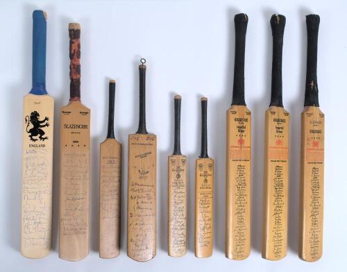 Signed miniature bats 1938/39- 1990s. A selection of nine miniature bats. Four are signed including one from the M.C.C. tour to South Africa 1938/39 by Geo. Dalton & Son, Durban &lsquo;Zephyr&rsquo; 14&rdquo;, signed in ink to the face by fifteen members of the M.C.C. tour