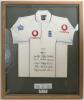 &lsquo;England v Pakistan Test Tour 2005&rsquo;. England short sleeve white shirt with three lions and crown emblem to chest, and sponsor&rsquo;s logos to chest and sleeves. The shirt fully signed to the front by the sixteen playing members of the England touring party. Si
