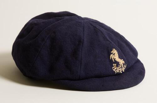 Colin Blythe. Kent & England 1899-1914. Kent navy blue cloth cricket cap with raised embroidered county emblem of the white horse, the Kent emblem, to front. The cap, with small peak typical of a pre first world war cap, from the Sankey family collection 