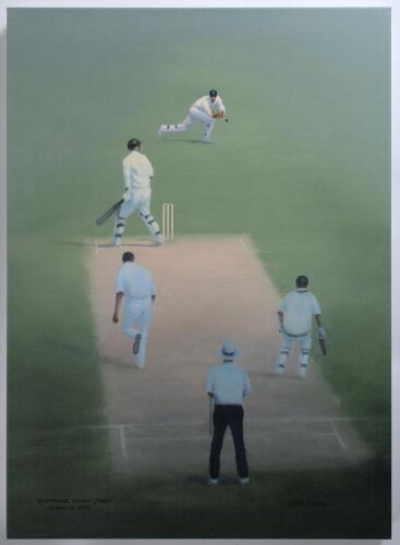 The Ashes. England v Australia 2005. &lsquo;Kasprowicz, Caught Jones, Edgbaston 2005&rsquo;. Large limited edition print from the original by Jack Russell depicting England wicket-keeper Geraint Jones about to take the catch down the leg side to dismiss Kasprowicz of