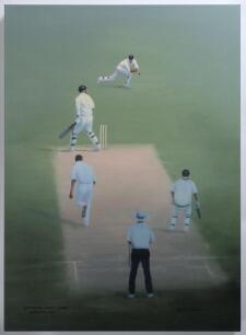 The Ashes. England v Australia 2005. &lsquo;Kasprowicz, Caught Jones, Edgbaston 2005&rsquo;. Large limited edition print from the original by Jack Russell depicting England wicket-keeper Geraint Jones about to take the catch down the leg side to dismiss Kasprowicz of