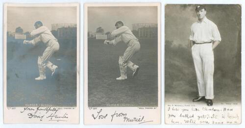 David Hunter. Yorkshire 1888-1909. Mono real photograph postcard of Hunter in wicket keeping pose with title &lsquo;Well Thrown In&rsquo;. Signed in ink to lower border by Hunter. Hartmann 1377. Postally unused. Some creasing and silvering, otherwise in good conditio