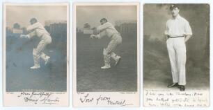 David Hunter. Yorkshire 1888-1909. Mono real photograph postcard of Hunter in wicket keeping pose with title &lsquo;Well Thrown In&rsquo;. Signed in ink to lower border by Hunter. Hartmann 1377. Postally unused. Some creasing and silvering, otherwise in good conditio