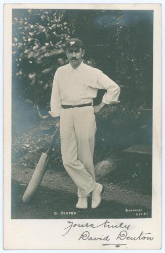David Denton. Yorkshire & England 1894-1920. Mono real photograph postcard of Denton standing full length wearing cricket attire and Yorkshire cap, leaning on his bat. Signed in black ink to lower border by Denton. Durhams of Leeds. Postally unused. Minor