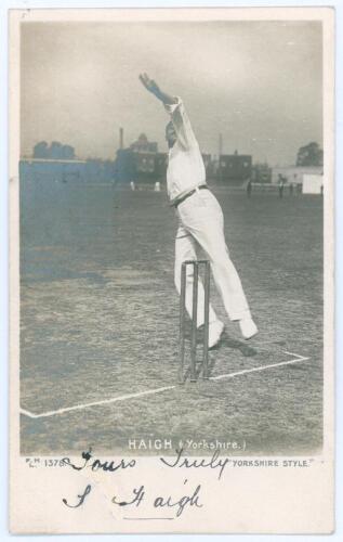 Schofield Haigh. Yorkshire & England 1895-1913. Mono real photograph postcard of Haigh in bowling pose with title &lsquo;Yorkshire Style&rsquo;. Signed in black ink by Haigh to lower border. Hartmann 1378. Postally unused. Minor age toning, small blemish affecting th
