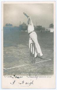 Schofield Haigh. Yorkshire & England 1895-1913. Mono real photograph postcard of Haigh in bowling pose with title &lsquo;Yorkshire Style&rsquo;. Signed in black ink by Haigh to lower border. Hartmann 1378. Postally unused. Minor age toning, small blemish affecting th