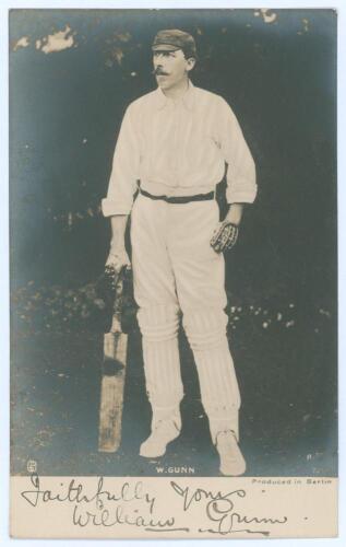 William Gunn. Nottinghamshire & England 1880-1904. Mono real photograph postcard of Gunn standing full length in cricket attire and cap, leaning on his bat. Signed in black in by Gunn to lower border. R. Thiele series no. 7258. Printed in Berlin. Postally