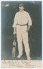 William Gunn. Nottinghamshire & England 1880-1904. Mono real photograph postcard of Gunn standing full length in cricket attire and cap, leaning on his bat. Signed in black in by Gunn to lower border. R. Thiele series no. 7258. Printed in Berlin. Postally