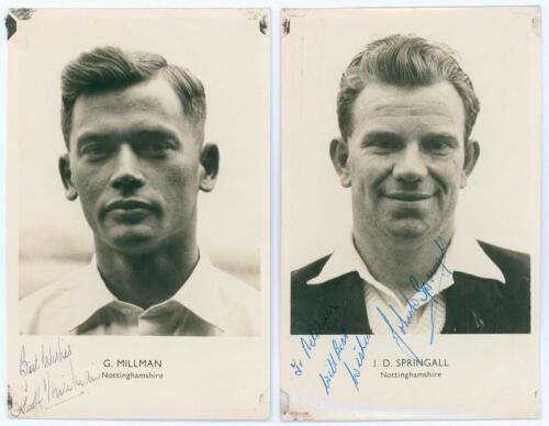 Nottinghamshire. Geoff Millman and John Springall. Two player portrait postcards one of Millman (Nottinghamshire & England 1957-1965), the other of Springall (Nottinghamshire 1955-1063), depicted head and shoulders. Both postcards with printed name and co