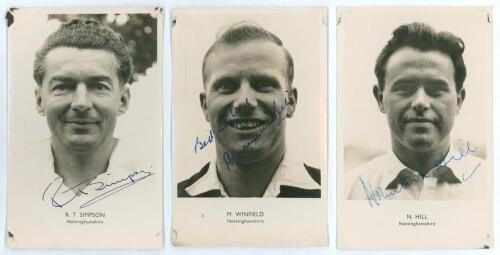 Nottinghamshire. Reg Simpson, Mervyn Winfield and Norman Hill. Three player portrait postcards, one of Simpson (Sind, Europeans, Nottinghamshire & England 1944-1963), Winfield (Nottinghamshire 1954-1966), and Hill (Nottinghamshire 1953-1968), each depicte