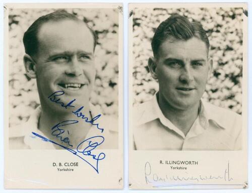 Yorkshire. Brian Close and Ray Illingworth. Two player portrait postcards, one of Close (Yorkshire, Somerset & England 1949-1977), the other of Illingworth (Yorkshire, Leicestershire & England 1951-1983). Both postcards with printed name and county to low