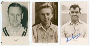 Surrey. Peter May, Alec Bedser and Micky Stewart. Three player portrait postcards. One of May (Surrey, Cambridge University & England 1950-1963) by Sporting Handbooks Ltd. The others of Bedser (Surrey & England 1939-1960) and Stewart (Surrey & England 195