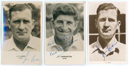 Surrey. Jim Laker and Ken Barrington. Three signed player portrait postcards. Includes two by Sporting Handbooks Ltd. one of Laker (Surrey, Essex & England 1946-1964), the other Barrington (Surrey & England 1953-1968), both with printed name and county to