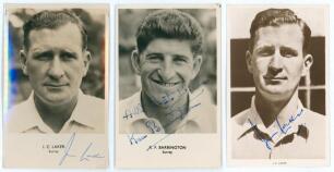 Surrey. Jim Laker and Ken Barrington. Three signed player portrait postcards. Includes two by Sporting Handbooks Ltd. one of Laker (Surrey, Essex & England 1946-1964), the other Barrington (Surrey & England 1953-1968), both with printed name and county to