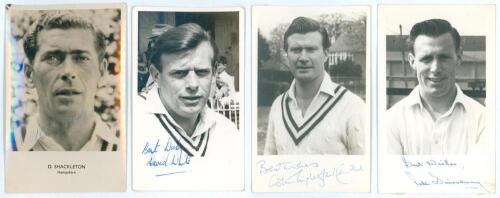 Hampshire. Four signed player portrait postcards. Includes one of Derek Shackleton (Hampshire & England 1948-1969) by Sporting Handbooks Ltd. Also three plain back postcards of Butch White (Hampshire, Glamorgan & England 1957-1972), Colin Ingleby-Mackenzi