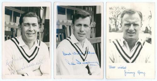 Hampshire. Three signed player portrait postcards. Includes two by A. Wilkes & Son, West Bromwich, of Derek Shackleton (Hampshire & England 1948-1969) and Peter Sainsbury (Hampshire 1954-1976). Also one plain back postcards of Jimmy Gray (Hampshire 1948-1