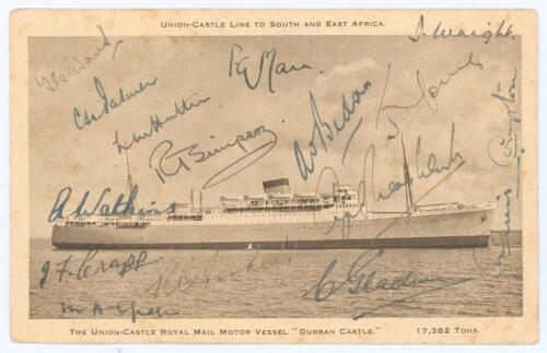 M.C.C. tour of South Africa 1948/49. Rarer sepia postcard of the Union-Castle Line &lsquo;Durban Castle&rsquo; which took the team to South Africa. Signed in ink to card face by fifteen members of the touring party. Signatures are Mann (Captain), Evans, Palmer, Hutto