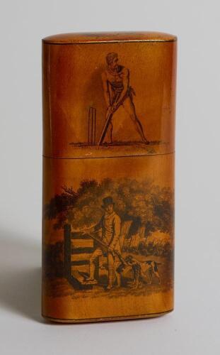 Cricket cigar box. An attractive wooden oblong cylindrical cigar box with a vertical 19th century mono scene of a batsman in front of the wicket to the pull out lid and a shooting scene to the main body and running dog to the end of the lid. This appears 