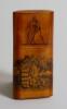Cricket cigar box. An attractive wooden oblong cylindrical cigar box with a vertical 19th century mono scene of a batsman in front of the wicket to the pull out lid and a shooting scene to the main body and running dog to the end of the lid. This appears 