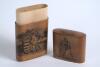 Cricket cigar box. An attractive wooden oblong cylindrical cigar box with a vertical 19th century mono scene of a batsman in front of the wicket to the pull out lid and a shooting scene to the main body and running dog to the end of the lid. This appears - 2